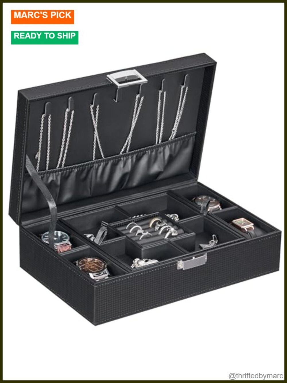 Men's Carbon Fiber Watch & Jewelry Box Organizer, Holds 4 Watches, 2-Layer Case